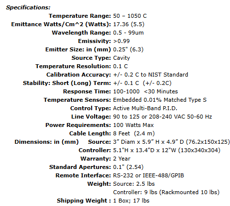 IR-508/301 Compact and Portable Cavity Blackbody/Controller - 1050º C.